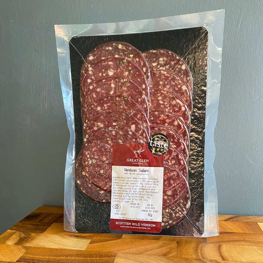 Great Glen Charcuterie Venison Salami with Green peppercorns 80g The
